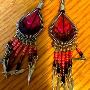 Earrings, Silver thread work & Beads w/silver dangles, pink & amber
